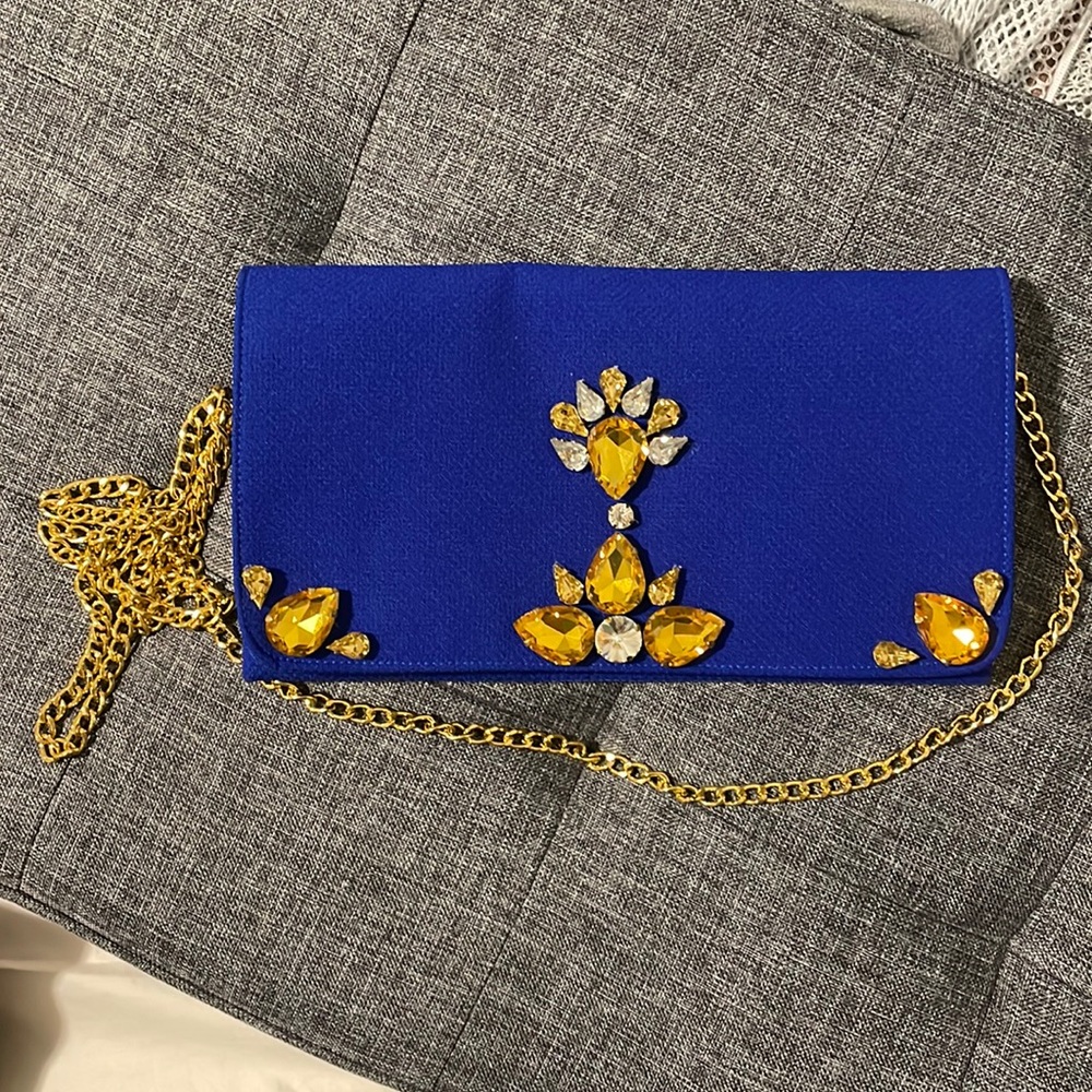 Handmade navy clutch with gold chain